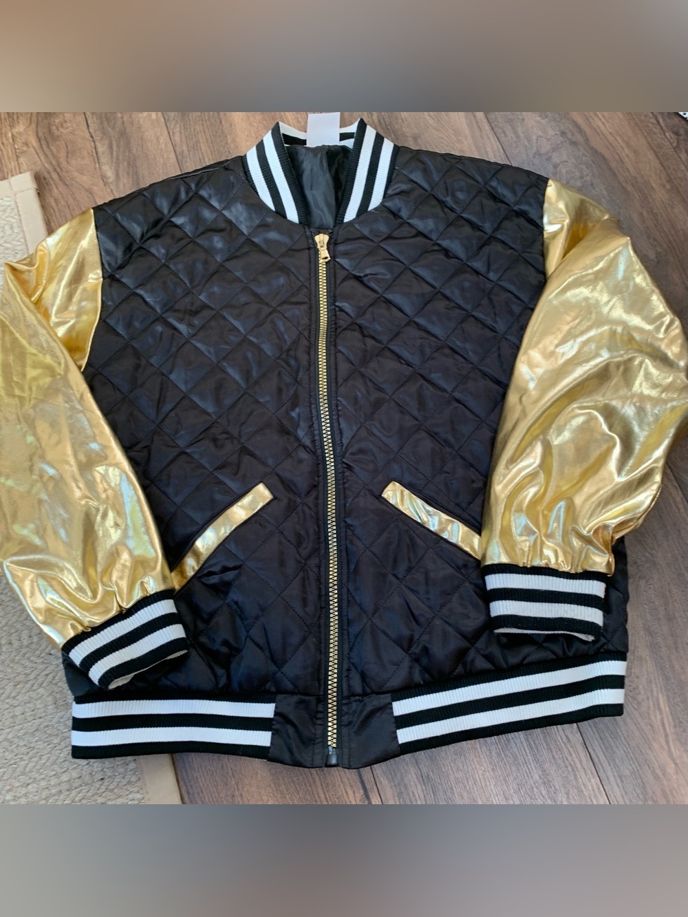 Spirit Black Quilted Bomber Jacket with Gold Metallic Sleeves